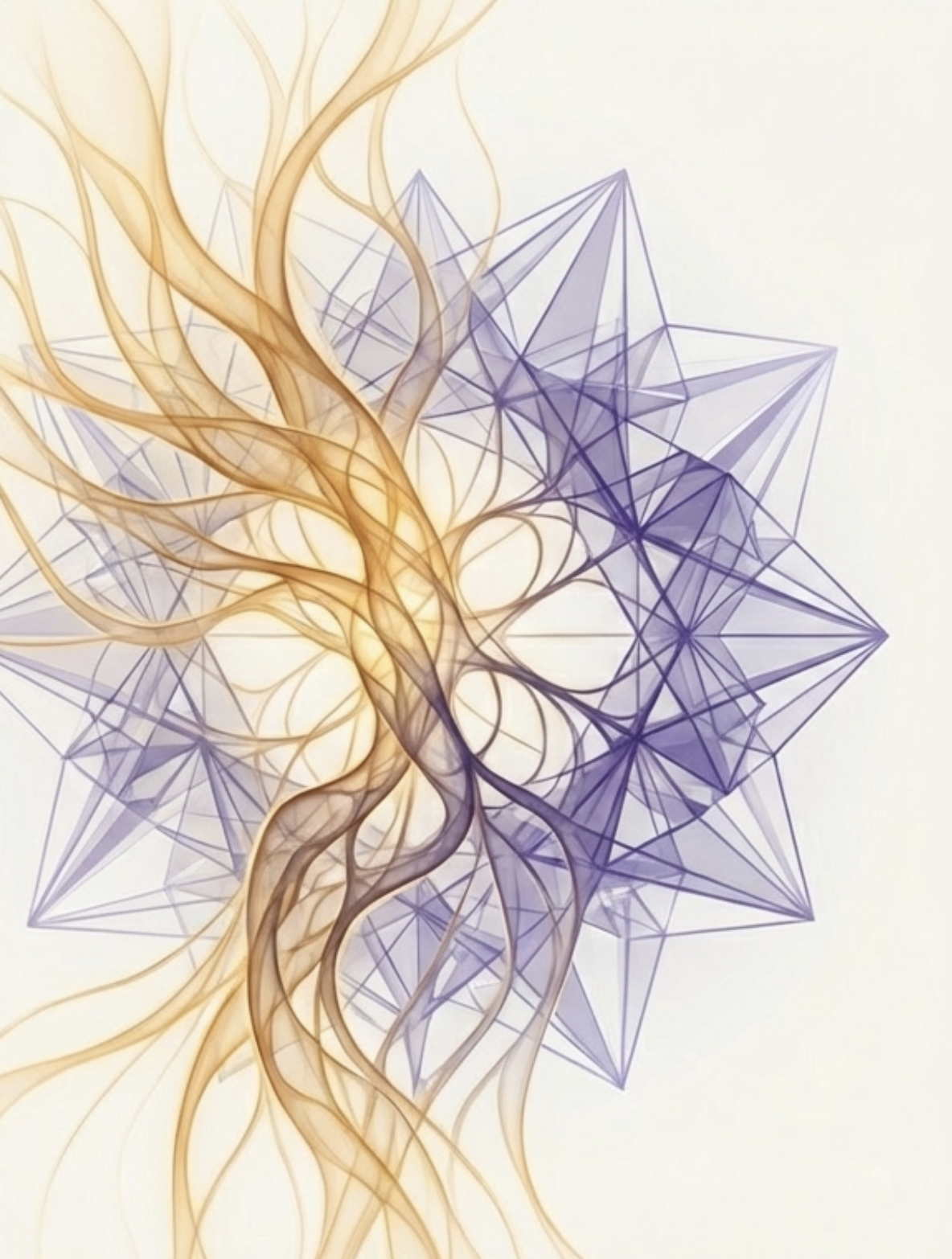 Etcera, the balanced mark, gold tendrils interweaving with a purple polyhedron