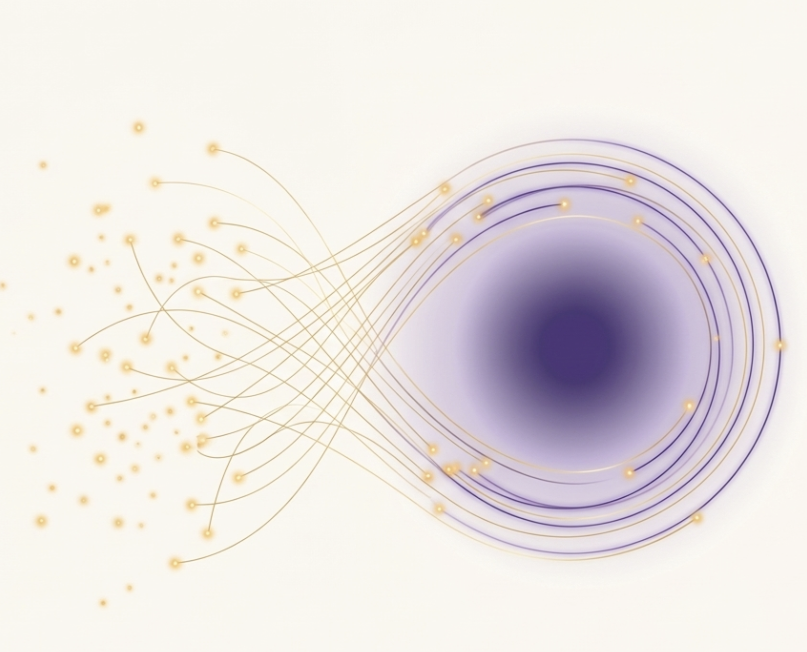 Etcera Gather: many golden particles converging into one purple core